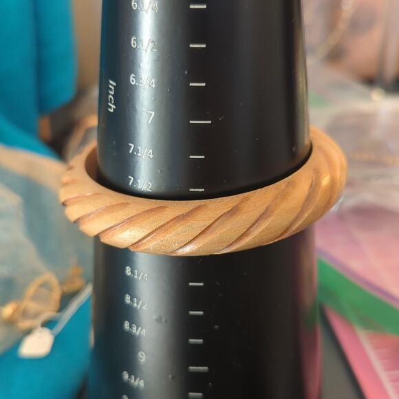 Two Wooden Bangle Bracelets One Carved with Swirl Pattern and One Inlay - Picture 5 of 5